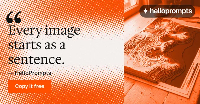Social ad for HelloPrompts: "Every image starts as a sentence." Swiss style, quote layout, light palette in orange, white.