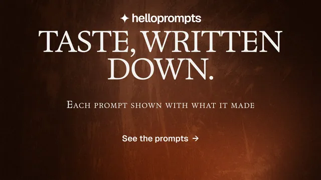 Landscape graphic for HelloPrompts: "Taste, written down." Swiss style, smallcaps layout, dark palette in black, orange, grey.