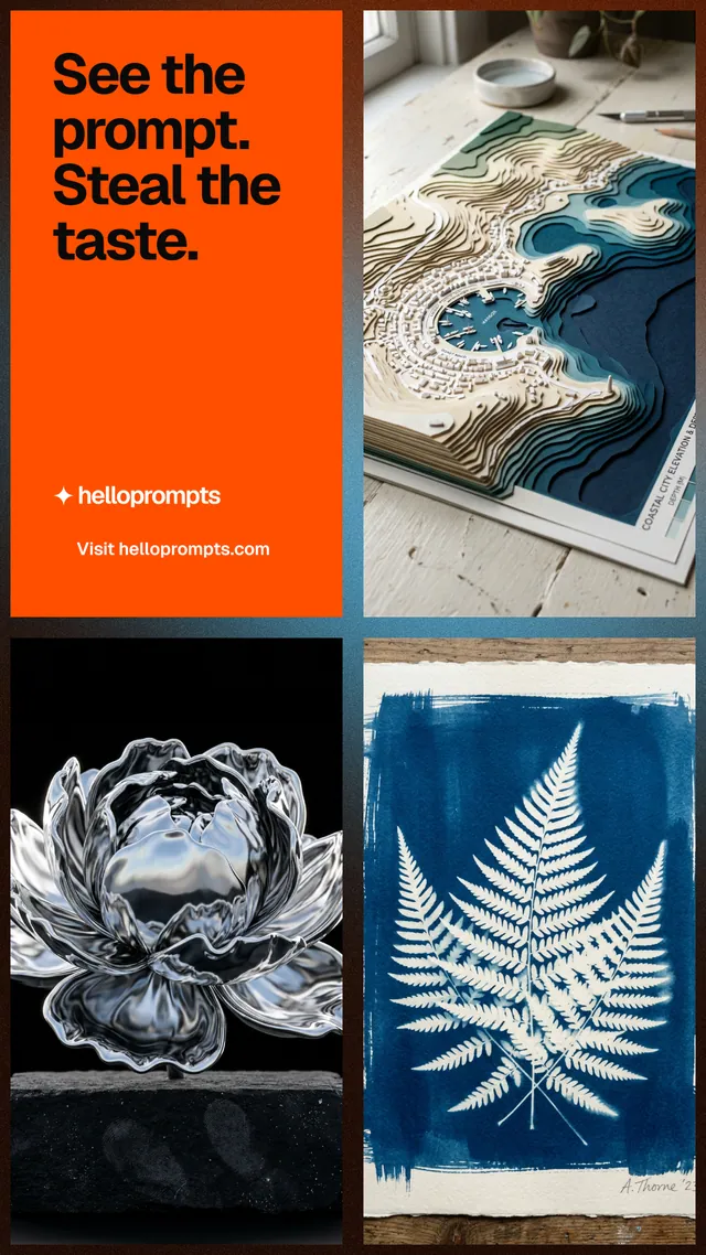 Instagram story for HelloPrompts: "See the prompt. Steal the taste." Swiss style, collage layout, dark palette in black, grey, brown.