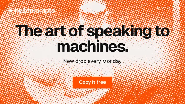 Landscape graphic for HelloPrompts: "The art of speaking to machines." Swiss style, centred layout, light palette in white, orange, brown.
