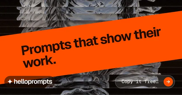 Social ad for HelloPrompts: "Prompts that show their work." Agentic glass style, diagonal layout, dark palette in orange, black.