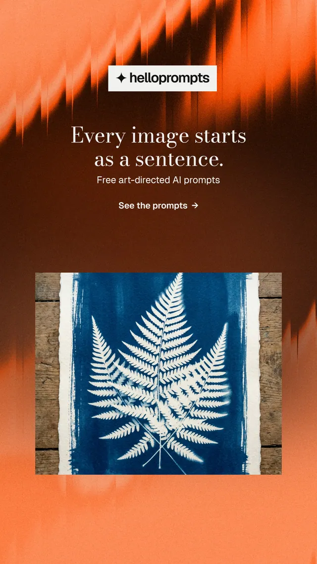 Instagram story for HelloPrompts: "Every image starts as a sentence." Minimal luxury style, centred layout, dark palette in orange, black, grey.