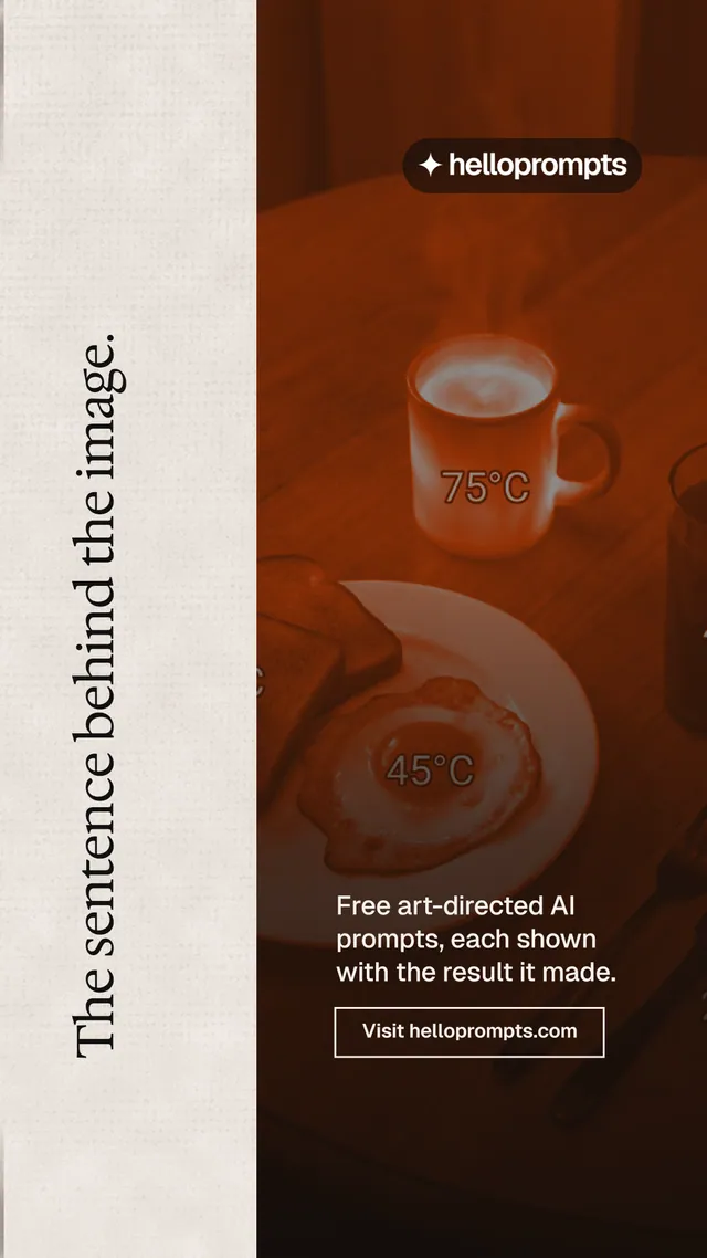 Instagram story for HelloPrompts: "The sentence behind the image." Editorial style, vertical layout, dark palette in orange, black.