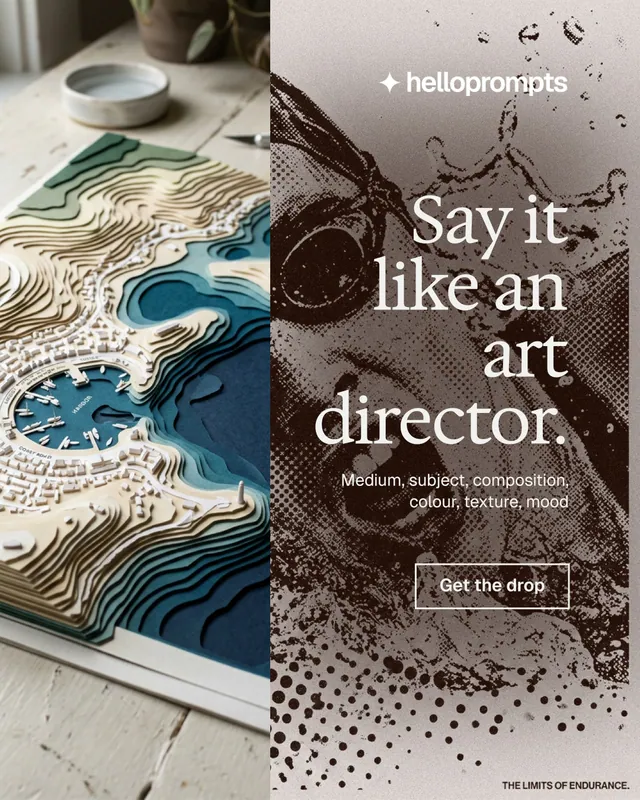 Instagram portrait post for HelloPrompts: "Say it like an art director." Editorial style, right layout, light palette in grey, black, white.