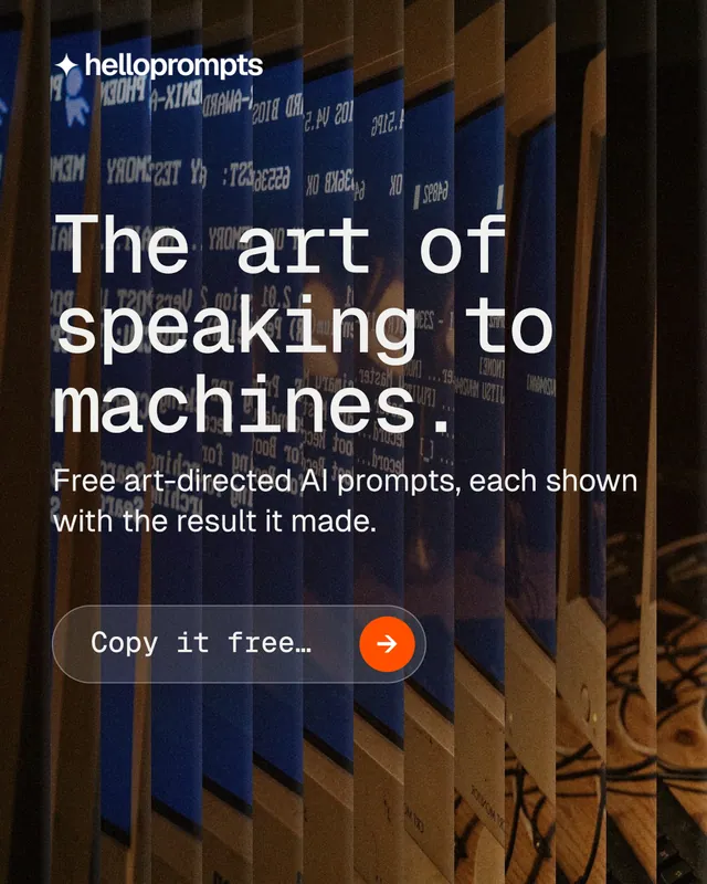 Instagram portrait post for HelloPrompts: "The art of speaking to machines." Agentic glass style, skeleton layout, dark palette in orange, black, grey.