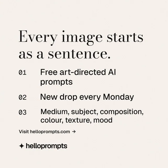 Instagram post for HelloPrompts: "Every image starts as a sentence." Minimal luxury style, numbered layout, light palette in white.