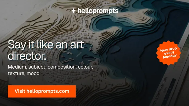 Landscape graphic for HelloPrompts: "Say it like an art director." Swiss style, sticker layout, dark palette in grey, black, orange.