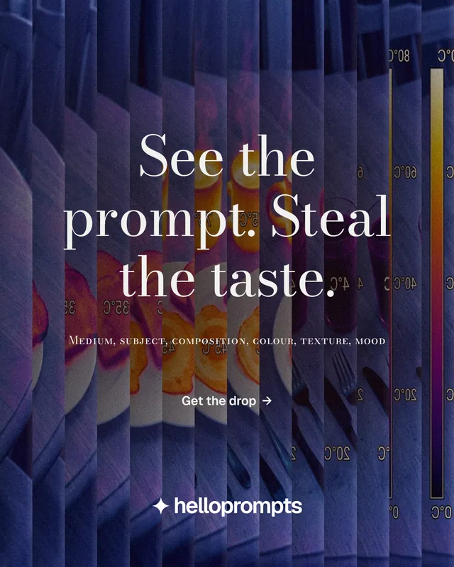 Instagram portrait post for HelloPrompts: "See the prompt. Steal the taste." Minimal luxury style, smallcaps layout, dark palette in blue, grey, pink.