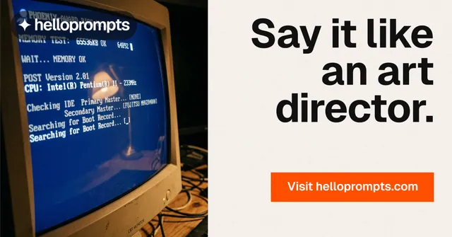 Social ad for HelloPrompts: "Say it like an art director." Swiss style, right layout, light palette in white, blue, orange.