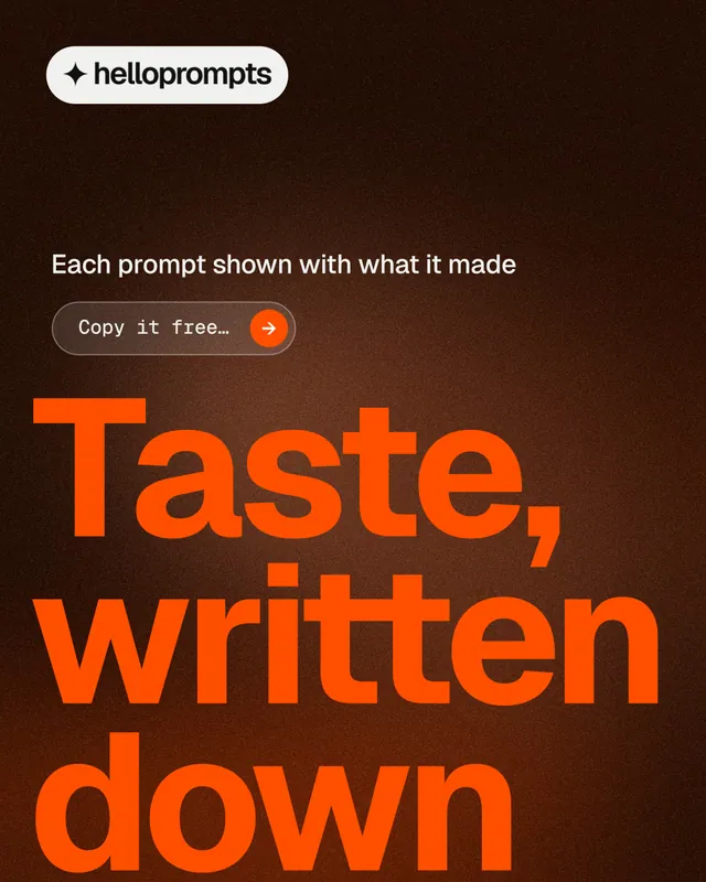 Instagram portrait post for HelloPrompts: "The sentence behind the image." Agentic glass style, oversized layout, dark palette in black, orange.