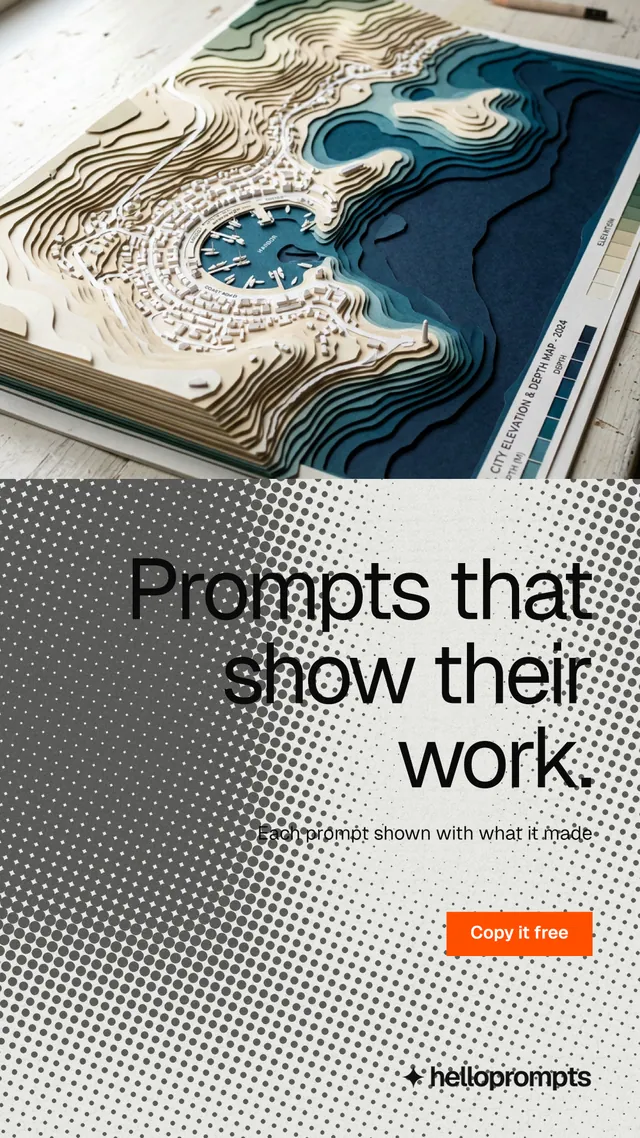 Instagram story for HelloPrompts: "Prompts that show their work." Swiss style, right layout, light palette in grey, white.