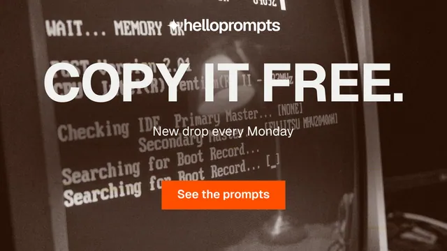 Landscape graphic for HelloPrompts: "Copy it free." Swiss style, centred layout, dark palette in orange, black, brown.