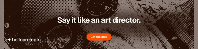 LinkedIn banner for HelloPrompts: "Say it like an art director." Photo poster style, centred layout, dark palette in black, orange, grey.
