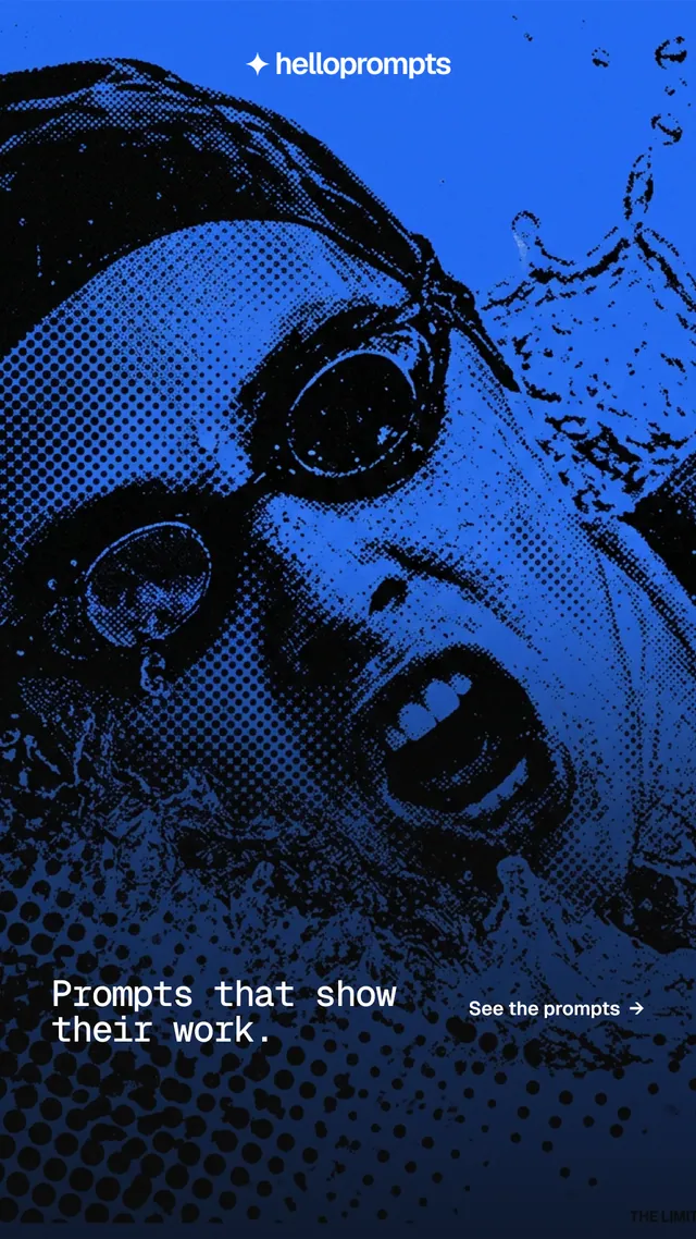 Instagram story for HelloPrompts: "Prompts that show their work." Swiss style, image led layout, dark palette in blue, black.