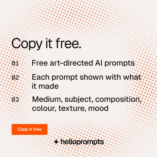 Instagram post for HelloPrompts: "Copy it free." Swiss style, numbered layout, light palette in orange, white.