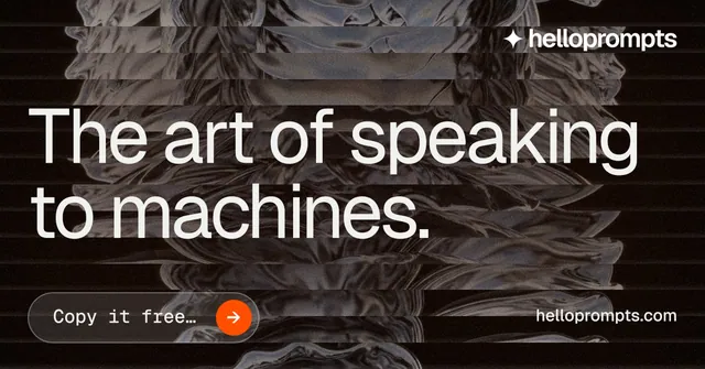 Social ad for HelloPrompts: "The art of speaking to machines." Agentic glass style, poster layout, dark palette in grey, black.