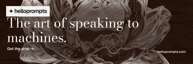 X header for HelloPrompts: "The art of speaking to machines." Minimal luxury style, poster layout, dark palette in black, grey, orange.