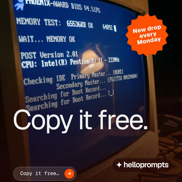 Instagram post for HelloPrompts: "Copy it free." Agentic glass style, sticker layout, dark palette in blue, grey, red.