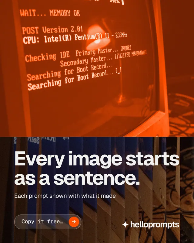 Instagram portrait post for HelloPrompts: "Every image starts as a sentence." Agentic glass style, bottom layout, dark palette in black, orange.