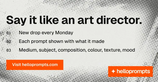 Social ad for HelloPrompts: "Say it like an art director." Swiss style, numbered layout, light palette in white, grey, brown.