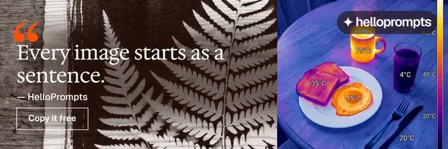 X header for HelloPrompts: "The sentence behind the image." Editorial style, quote layout, dark palette in grey, blue.