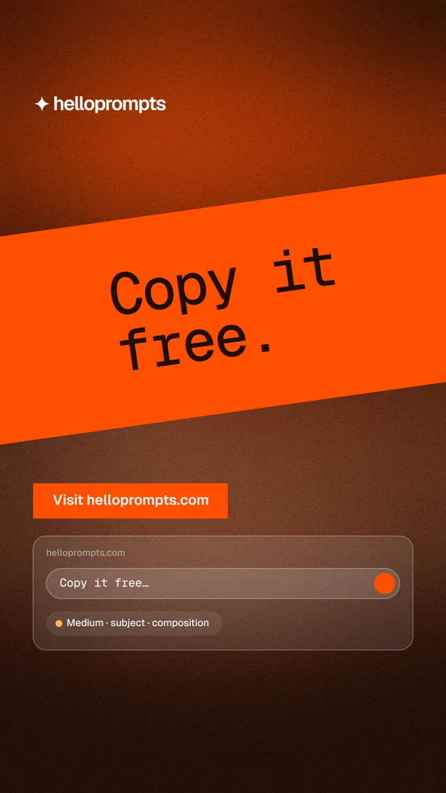 Instagram story for HelloPrompts: "Copy it free." Swiss style, diagonal layout, dark palette in orange, black.