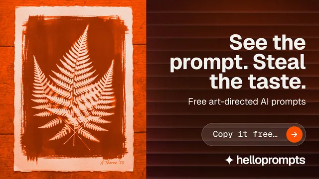 Landscape graphic for HelloPrompts: "See the prompt. Steal the taste." Agentic glass style, right layout, dark palette in black, orange, red.