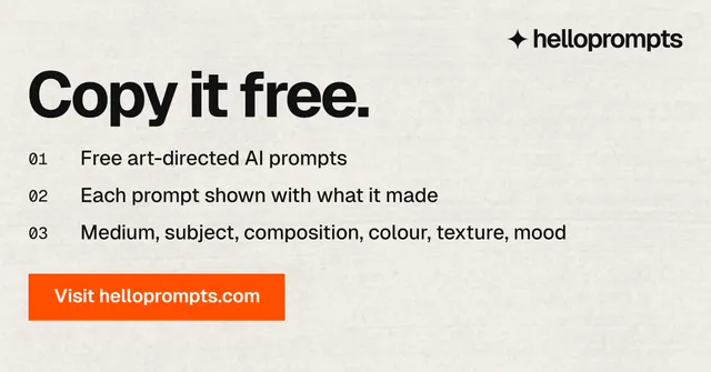 Social ad for HelloPrompts: "Copy it free." Swiss style, numbered layout, light palette in yellow, white, orange.