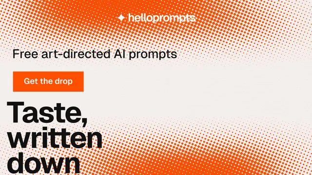 Landscape graphic for HelloPrompts: "The sentence behind the image." Split block style, oversized layout, light palette in white, orange, brown.