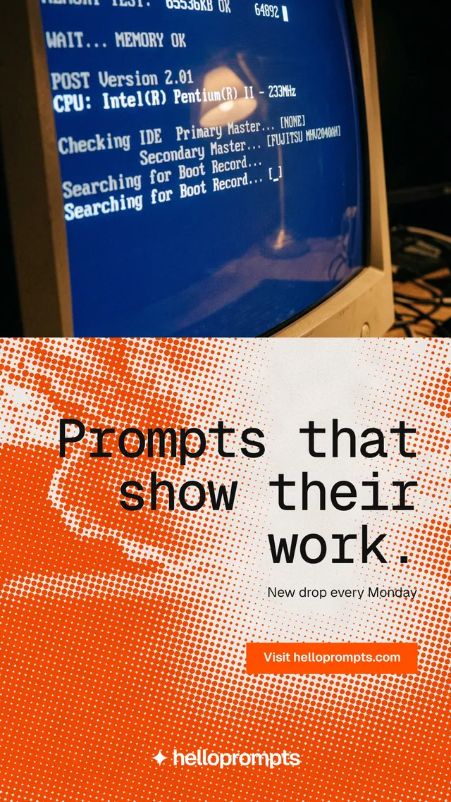 Instagram story for HelloPrompts: "Prompts that show their work." Swiss style, right layout, dark palette in blue, orange.