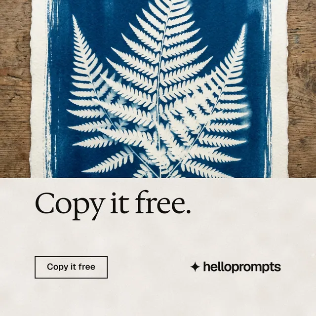 Instagram post for HelloPrompts: "Copy it free." Editorial style, bottom layout, light palette in orange, blue, grey.