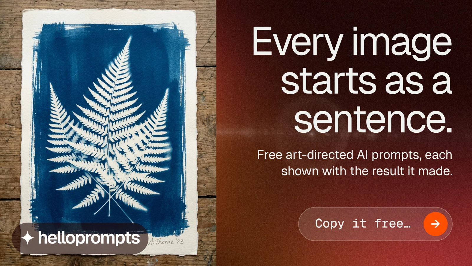Landscape graphic for HelloPrompts: "Every image starts as a sentence." Agentic glass style, right layout, dark palette in red, black, grey.