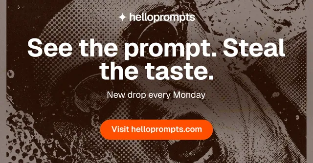Social ad for HelloPrompts: "See the prompt. Steal the taste." Photo poster style, centred layout, dark palette in orange, black, grey.