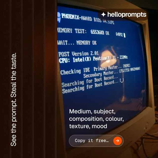 Instagram post for HelloPrompts: "See the prompt. Steal the taste." Agentic glass style, vertical layout, dark palette in black, blue, grey.