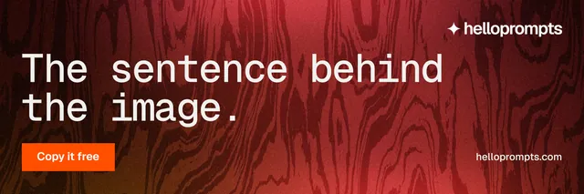 X header for HelloPrompts: "The sentence behind the image." Swiss style, poster layout, dark palette in black, red.