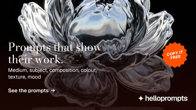 Landscape graphic for HelloPrompts: "Prompts that show their work." Minimal luxury style, sticker layout, dark palette in black, red, grey.