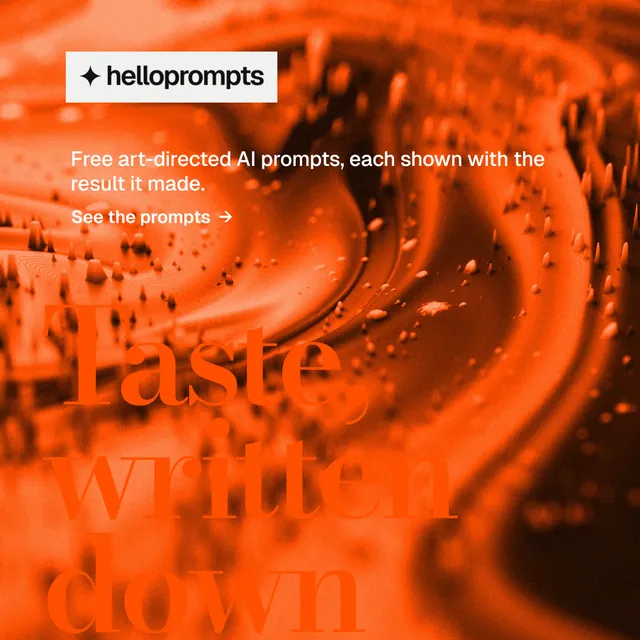 Instagram post for HelloPrompts: "The art of speaking to machines." Minimal luxury style, oversized layout, dark palette in orange.