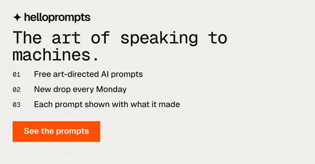 Social ad for HelloPrompts: "The art of speaking to machines." Swiss style, numbered layout, light palette in white, orange.