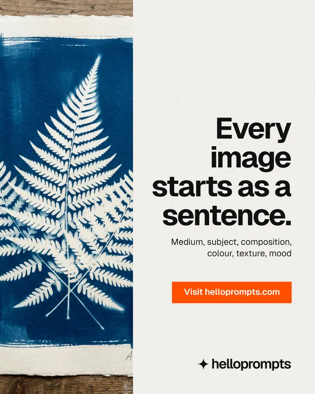 Instagram portrait post for HelloPrompts: "Every image starts as a sentence." Swiss style, right layout, light palette in white, blue, grey.