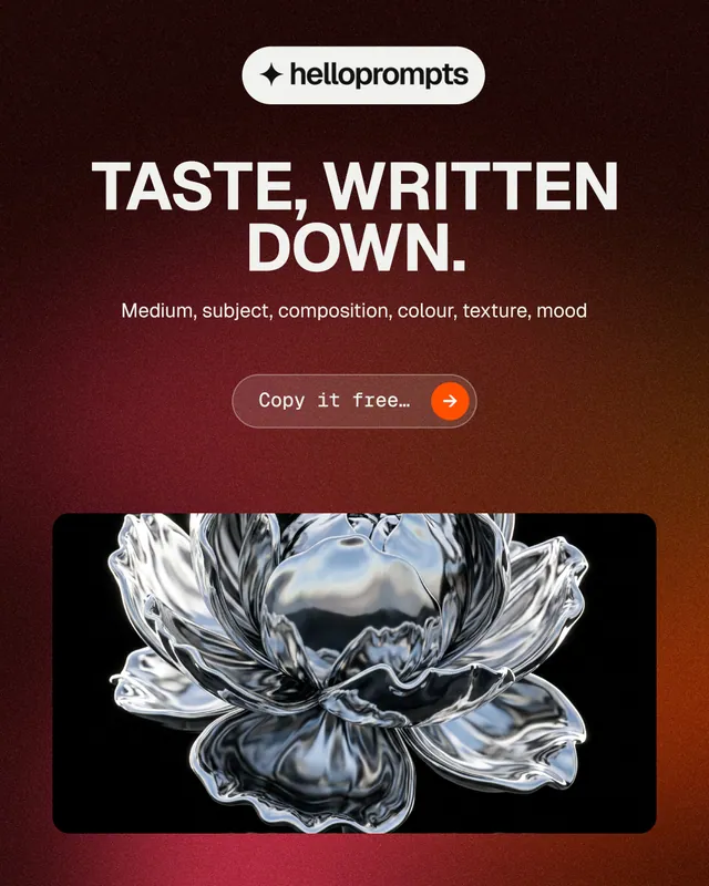 Instagram portrait post for HelloPrompts: "Taste, written down." Agentic glass style, centred layout, dark palette in black, red, grey.