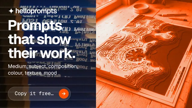 Landscape graphic for HelloPrompts: "Prompts that show their work." Agentic glass style, bottom layout, dark palette in blue, orange.