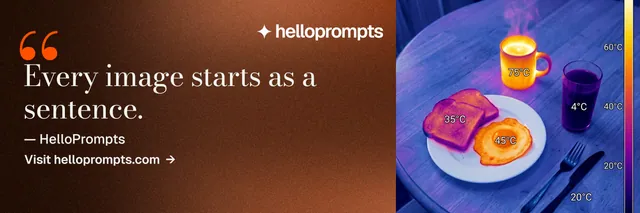 X header for HelloPrompts: "The sentence behind the image." Minimal luxury style, quote layout, dark palette in red, blue, pink.