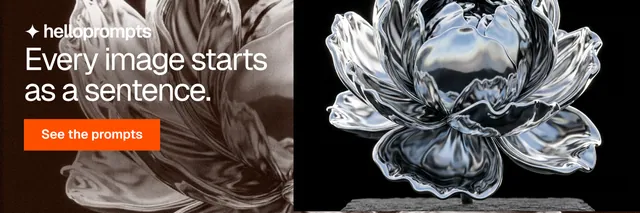 X header for HelloPrompts: "Every image starts as a sentence." Swiss style, skeleton layout, dark palette in black, grey, orange.