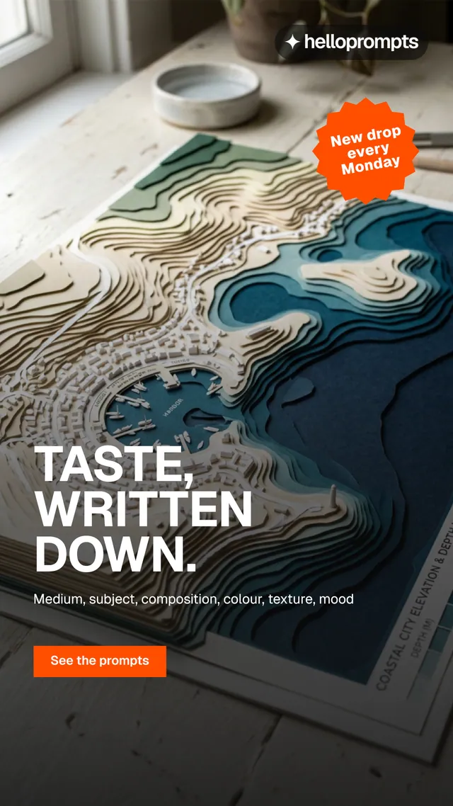 Instagram story for HelloPrompts: "Taste, written down." Swiss style, sticker layout, dark palette in black, grey, white.