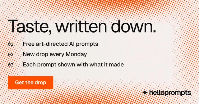 Social ad for HelloPrompts: "Taste, written down." Swiss style, numbered layout, light palette in orange, white.