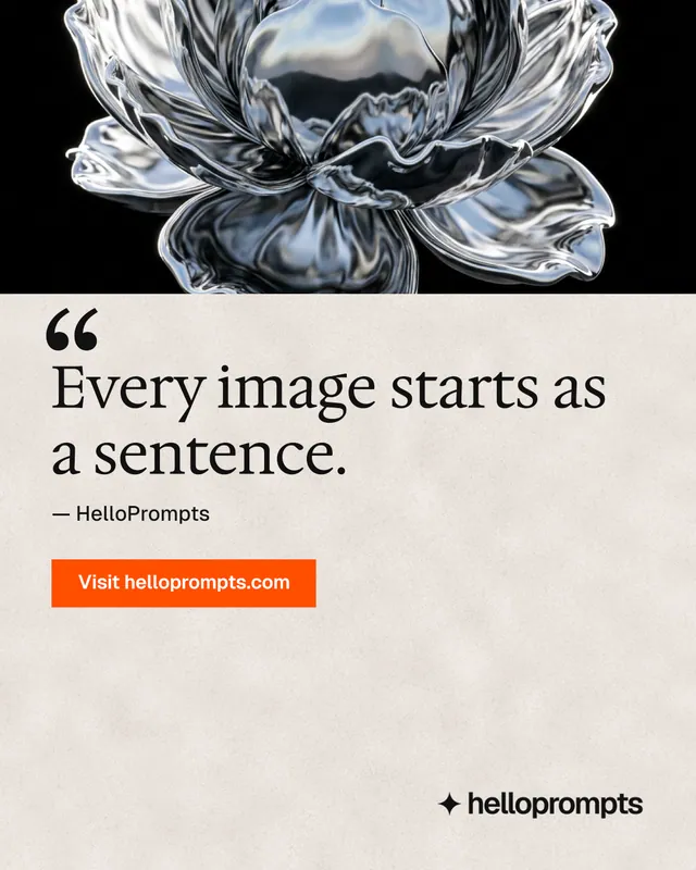 Instagram portrait post for HelloPrompts: "Every image starts as a sentence." Swiss style, quote layout, light palette in orange, black, grey.