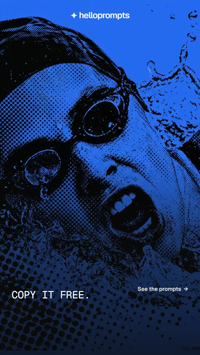 Instagram story for HelloPrompts: "Copy it free." Brutalist style, image led layout, dark palette in blue, black.