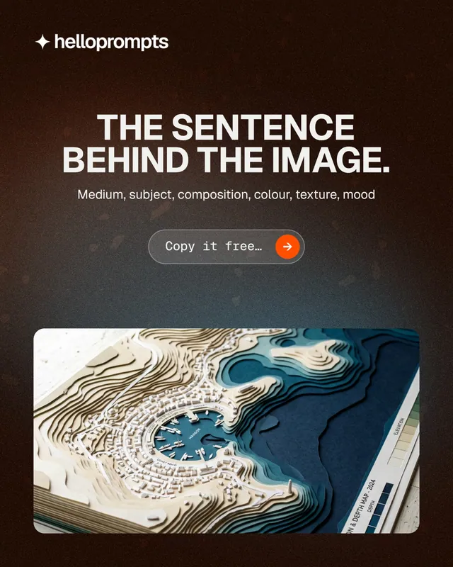 Instagram portrait post for HelloPrompts: "The sentence behind the image." Agentic glass style, centred layout, dark palette in black, grey, orange.