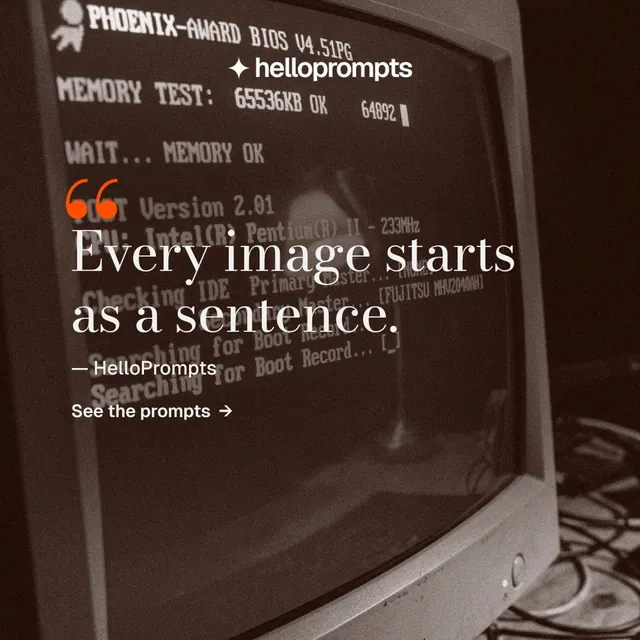 Instagram post for HelloPrompts: "Say it like an art director." Minimal luxury style, quote layout, dark palette in orange, grey, black.
