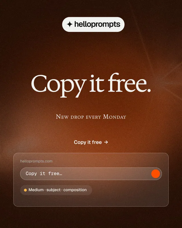 Instagram portrait post for HelloPrompts: "Copy it free." Agentic glass style, smallcaps layout, dark palette in black, orange.